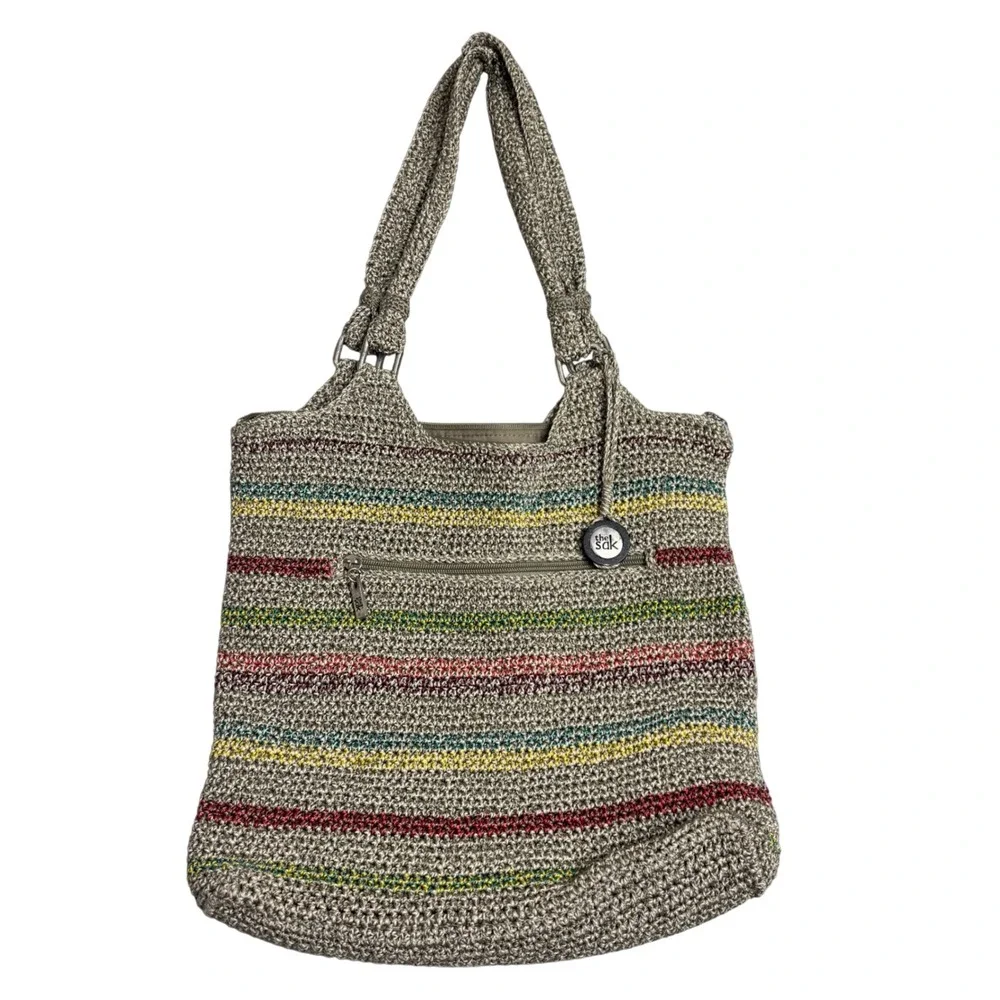 The Sak Crochet Knit Shoulder Tote Bag Gray Stripe Boho Zip Top Purse 14x12